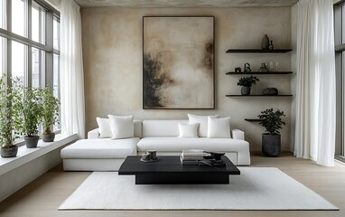 Modern minimalist living room with white sofa, black coffee table, large painting, and houseplants.