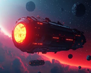 Obraz premium Asteroid mining concept. Futuristic spacecraft illuminated by red light in a cosmic landscape.