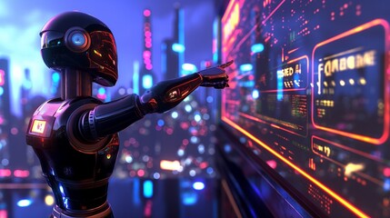 A sleek, futuristic 3D robot character pointing towards a holographic display of a cityscape, with...