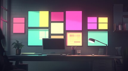 Neon Lit Workspace With Computer And Colorful Panels