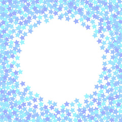 Blue stars confetti isolated on white background. Round frame with scattered confetti. Holiday background. 