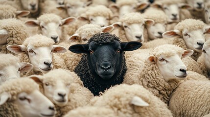 powerful conceptual image of a black sheep standing out among a large group of white sheep, symbolizing diversity and leadership
