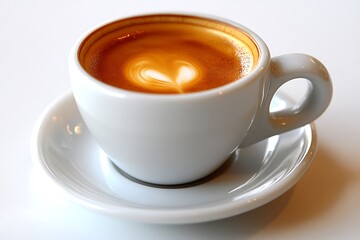 Fototapeta premium A single-shot espresso cup sits alone on a white background. Its handle curves gracefully, and the glossy surface of the porcelain mug contrasts with the dark liquid inside. A delicate layer 