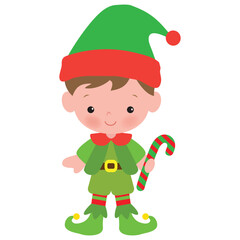 Cute Christmas elf boy with candy cane vector cartoon flat style illustration