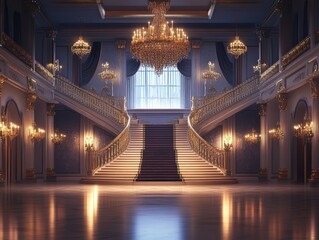 Fototapeta premium Grand, opulent staircase, gold, chandeliers, palace.