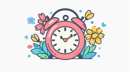 Retro Alarm Clock Icon with Floral Design in Vibrant Style for Classic Charm