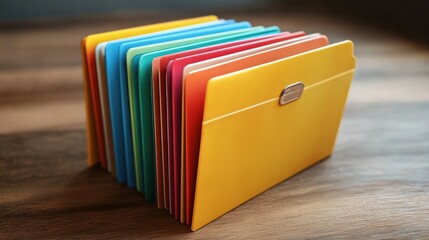 Colorful file folders stacked on wooden surface.