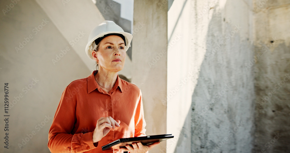 Leinwandbilder development, thinking and woman with tablet, engineering and decision with online schedule. person, 