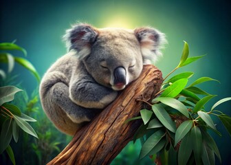 Fototapeta premium 3D Koala Sleeping in Tree, Gradient Background, Cute Animal, Creative Design, Digital Art, Stock Image