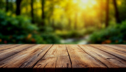 Wooden table top with blurred nature background