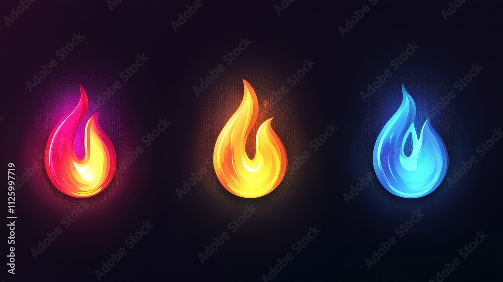 Poster glowing fire icons with sharp edges in vector design for modern graphics and illustrations