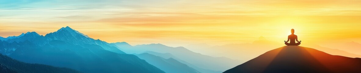 Fototapeta premium A person is sitting on a mountain top with a beautiful sunset in the background