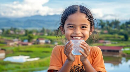 Fototapeta premium Joyful Child Cupping Clean Water in Rural Landscape,Emphasizing Access to Safe Drinking