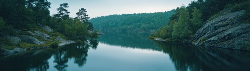 Serene Lake Nestled Among Lush Green Forest and Rocks
