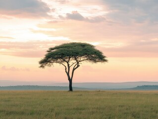Fototapeta premium solitary tree in a serene landscape at sunset