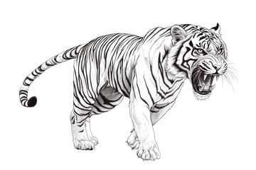 Naklejka premium Aggressive white tiger, snarling, detailed sketch.