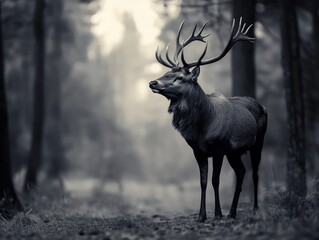 Majestic stag stands in misty forest.