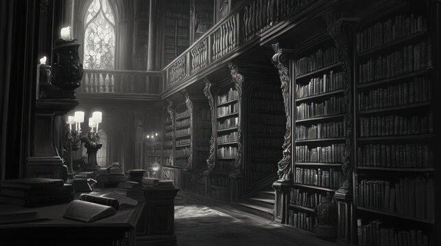 Dark, grand library; bookshelves, candles, gothic architecture.