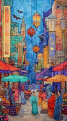 Vibrant Asian marketplace at twilight, featuring lanterns, people, and colorful architecture.