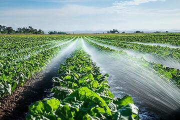 A lush field of lettuce being irrigated under a clear sky.