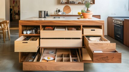 Creative storage solutions with built-in shelves, hidden compartments, and pull-out drawers in a compact living space