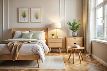 Fototapeta premium Scandinavian Bedroom Design: Wooden Nightstand & Beige Headboard - Modern French Country Interior