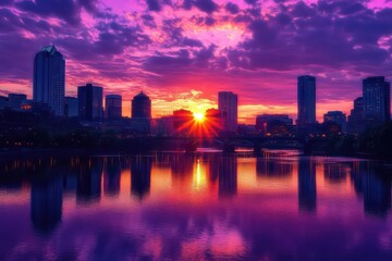 Obraz premium City skyline reflecting warm orange and purple sunset hues.