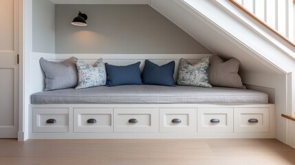 Creative under-stair storage featuring custom pull-out drawers and a built-in seating area with cushions