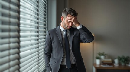 A businessman leaning on blinds, visibly stressed in an office environment, reflecting corporate pressure and emotional struggle.