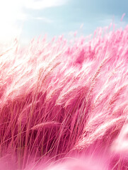 Fototapeta premium Bright fuchsia field of fluffy, cloud-like grass under clear sky with natural sunlight