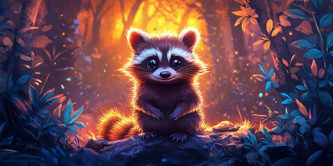 A charming digital painting of a cute baby raccoon sitting in a magical forest at night.