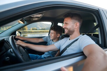 Parents teaching their children how to drive with patience and care.