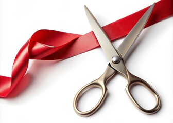 Aerial View Red Ribbon Cutting Ceremony, Grand Opening, Celebration, Scissors, White Background, High-Resolution Image