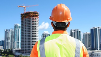 Worker surveying a construction site: Back view of a worker in a reflective vest and hard hat, facing a half-built skyscraper under a bright blue sky.
