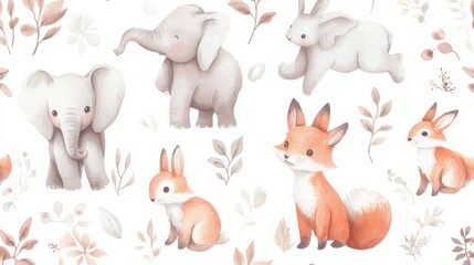 Naklejka premium Cute watercolor animal clipart with baby elephants, foxes, and rabbits in soft pastel shades