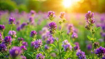 Naklejka premium Alfalfa Field, Medicago sativa, Purple Flowers, Lucerne, Forage Crop, Agriculture, Farming 