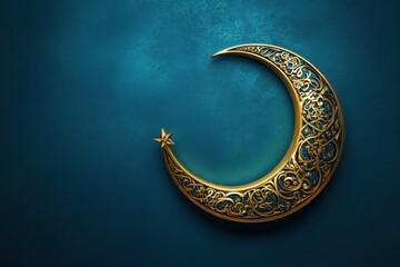 Ornate golden crescent moon and star on a textured blue background.