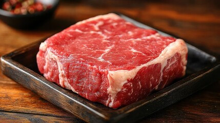 Fototapeta premium Raw beef steak on wooden board. (1)