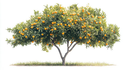 lush orange tree laden with fruit in a sunny orchard isolated on white background
