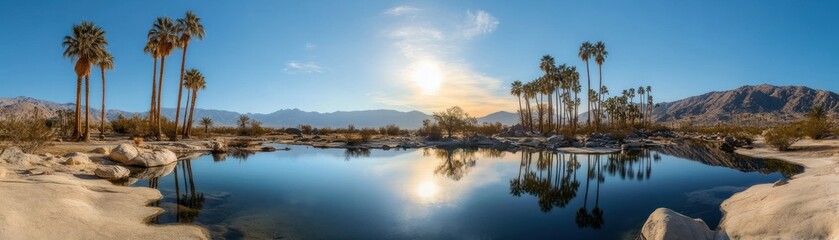 Fototapeta premium Tranquil Oasis Palm Trees Reflecting In Calm Water