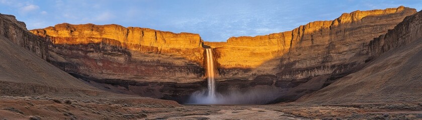 Golden Canyon Waterfall Cascading Over Rugged Cliffs