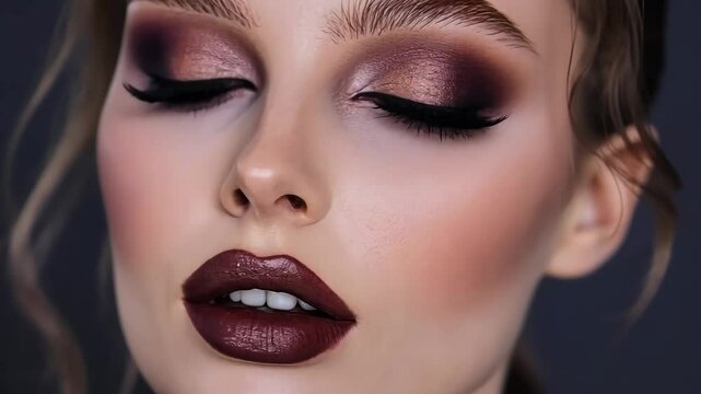 Stunning makeup transformation featuring bold lip color and dramatic eye makeup techniques