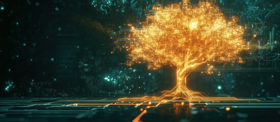 Glowing digital tree on futuristic surface.