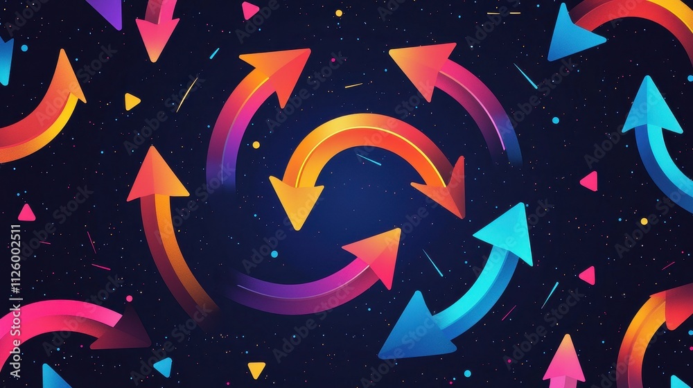 Poster bright colorful arrows icon pattern with refresh and repeat elements in digital design
