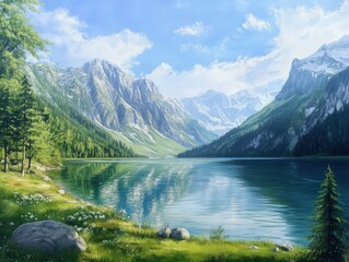 Serene alpine lake, majestic mountains, tranquil scene.