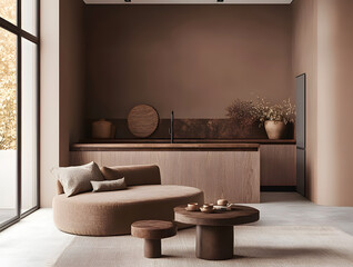 Modern minimalistic kitchen with accent brown painted wall in trend 2025 year color - mocha mousse. Stylish interior design and furniture. AI