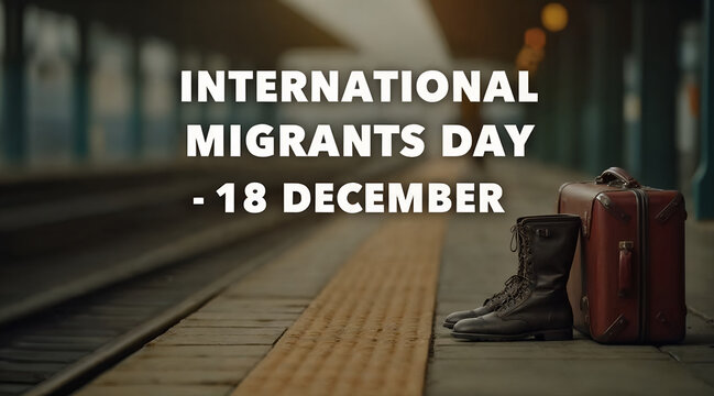 International Migrants Day banner with luggage and empty train platform