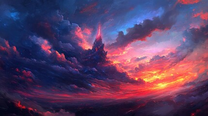Naklejka premium Dark Tower Rising Above Fiery Cloudscape Sunset