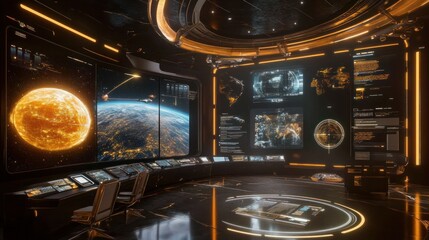 Futuristic Spaceship Bridge Monitoring Planetary Activity