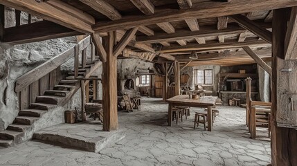 Fototapeta premium Rustic Wooden Interior With Stone Floor And Staircase